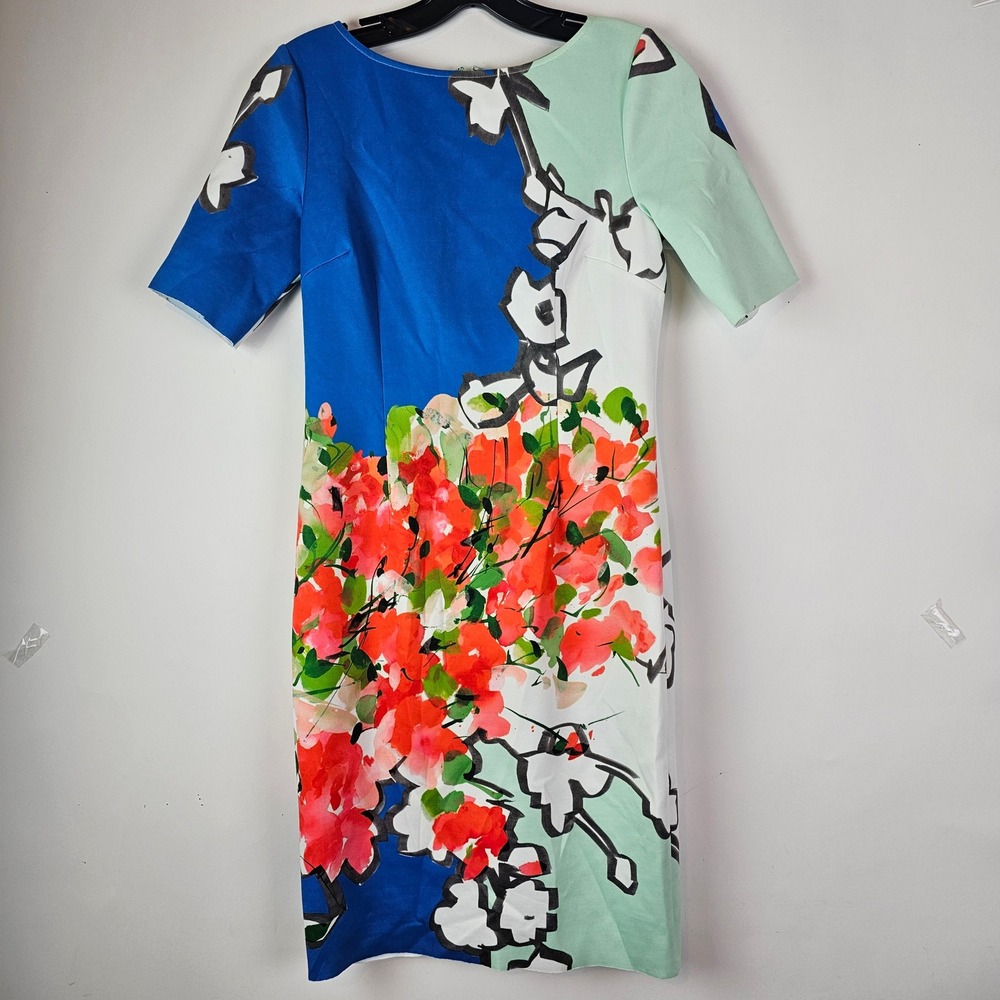 Rickie Freeman Teri Jon Floral Abstract Sheath Dress Blue Mint Coral Size 2